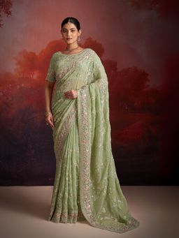 Odette - Women Green Embroidered Saree with Unstitched Blouse