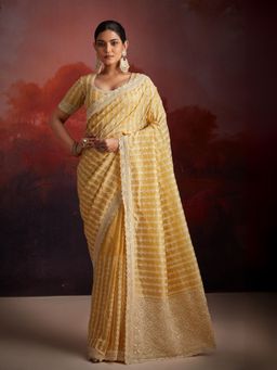 Odette - Women Mustard Embroidered Saree with Unstitched Blouse