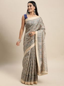 Odette - Khadi Silk Blue Printed Saree with Unstitched Blouse