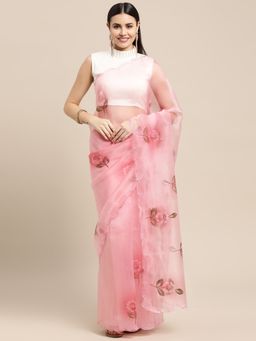 Vastranand - Pink Hand Printed Floral Party Wear Saree with Unstitched Blouse