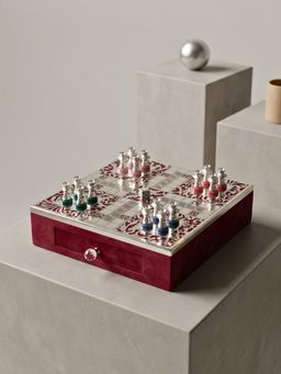 The Home Co - Luxury Silver Plated Maroon Ludo Box with Pull-Out Drawer