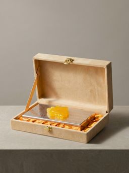 The Home Co - Luxury Silver Plated Beige Cash Box with Yellow Resin Motif & Premium Velvet Case