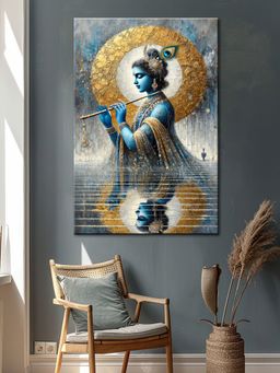 999Store - Krishna with Flute Reflection Canvas-Wrapped Painting
