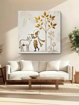 999Store - Minimalist Golden Outline of Krishna Playing The Flute Under A Tree Painting