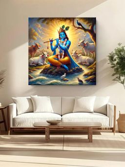 999Store - Krishna Playing The Flute Among Sacred Cows In A Serene Landscape Painting