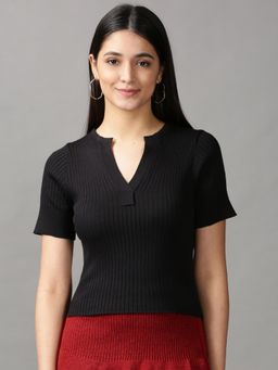 SHOWOFFFF - Womens Asymmetrical Fitted Solid Black Top