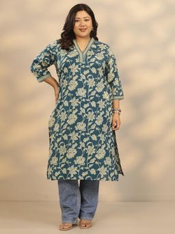 Extra love by Libas - Teal Cotton Three Fourth Sleeves Kurta