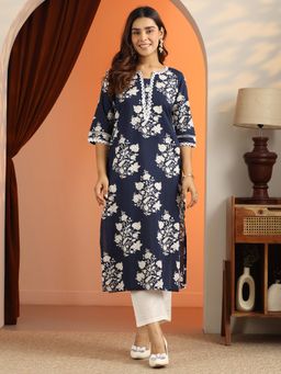 Libas - Navy Blue Cotton Three Fourth Sleeves Kurta