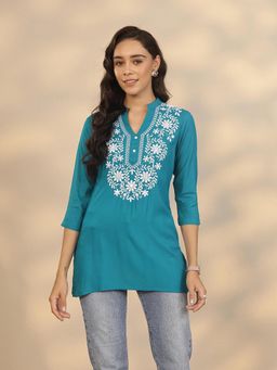 Libas - Teal Rayon Three Fourth Sleeves Kurti
