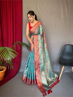 EXCLUSIVA - Blue Woven Banarasi Saree with Unstitched Blouse