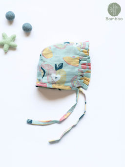 Cocoon Care - Green Apple Splash Print Soft Comfy Bamboo Muslin Bonnet Cap (0-6 Months)