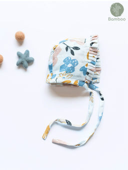 Cocoon Care - White Cute Bees Floral Print Soft Comfy Bamboo Muslin Bonnet Cap (0-6 Months)