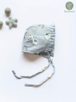 Cocoon Care - Grey Hedgehog Blossom Print Soft Comfy Bamboo Muslin Bonnet Cap (0-6 Months)