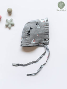 Cocoon Care - Grey Cute Bunny Farm Print Soft Comfy Bamboo Muslin Bonnet Cap (0-6 Months)