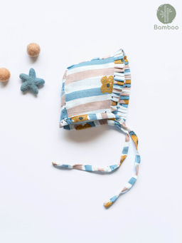 Cocoon Care - Multi-Color Cute Bees Stripe Print Soft Comfy Bamboo Muslin Bonnet Cap (0-6 Months)