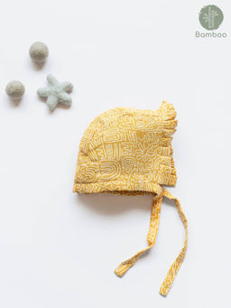 Cocoon Care - Yellow Geometric Print Soft Comfy Bamboo Muslin Bonnet Cap (0-6 Months)