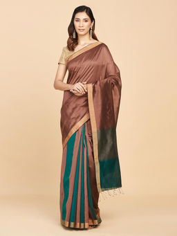 Fabindia - Brown Cotton Silk Hand Woven Saree Without Blouse