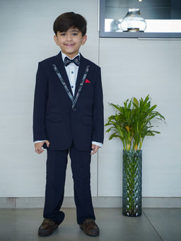 devils n angels - Navy Blue Blazer, Shirt, Pant with Bow (Set of 5)