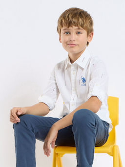 U.S. POLO ASSN. - Kids Printed White Full Sleeves Collared Shirt