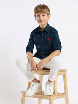 U.S. POLO ASSN. - Kids Printed Navy Blue Full Sleeves Collared Shirt