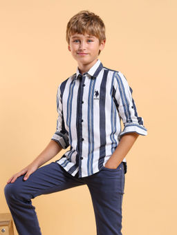 U.S. POLO ASSN. - Kids Striped Blue Full Sleeves Collared Shirt