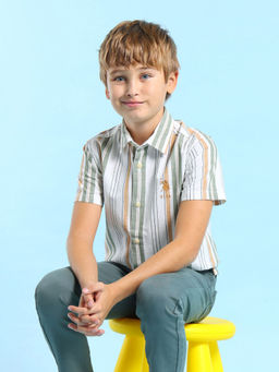 U.S. POLO ASSN. - Kids Striped Green Half Sleeves Collared Shirt