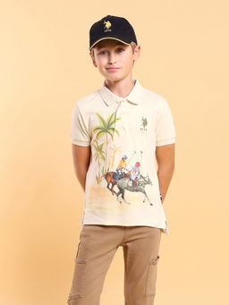 U.S. POLO ASSN. - Kids Graphic Off White Half Sleeves Polo T-Shirt