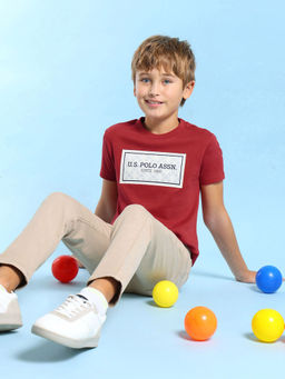 U.S. POLO ASSN. - Kids Printed Red Half Sleeves Crew T-Shirt