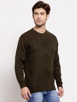 Style Quotient - Men Olive Green Cable Knit Pullover