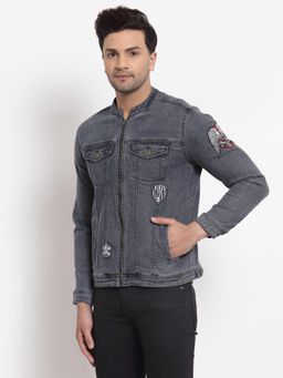 Style Quotient - Men Grey Washed Denim Jacket with Embroidered Patch
