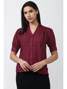 Van Heusen - Women Maroon Solid Short Sleeves Casual Shirt