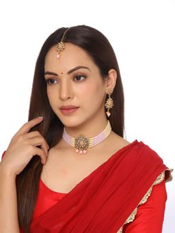 Yellow Chimes - Gold Plated Pink and White Beaded Chokker Jewellery set of 3 with Maangtikka