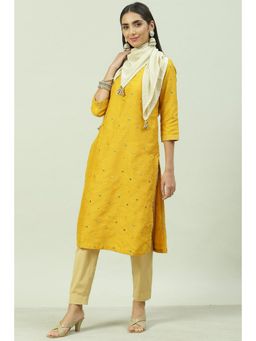 Biba - Yellow Mirror Work Kurta with Scarf (Set of 2)