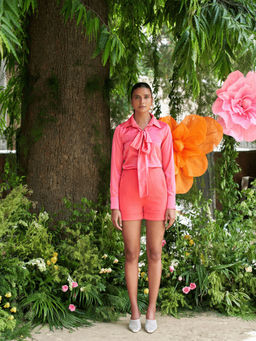 ETE - Camila-neon Pink Satin Shirt With A Tie Up And Crepe Shorts (set Of 2)