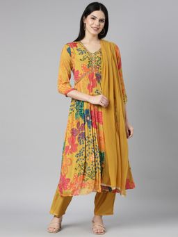 NEERU'S - Mustard Pleated Straight Floral Kurta with Pant & Dupatta (Set of 3)