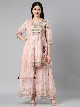 NEERU'S - Peach Regular Straight Floral Kurta with Sharara & Dupatta (Set of 3)