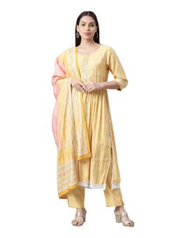 NEERU'S - Women Yellow Geometric Printed Pleated Kurta with Pant & Dupatta (Set of 3)