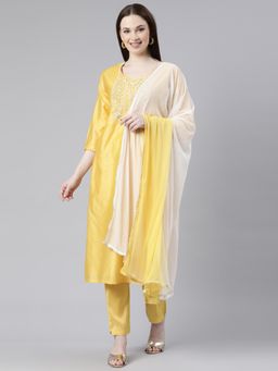 NEERU'S - Yellow Regular Knee Length Solid Kurta with Pant & Dupatta (Set of 3)