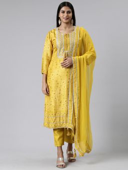 NEERU'S - Mustard Regular Calf Length Printed Kurta with Pant & Dupatta (Set of 3)