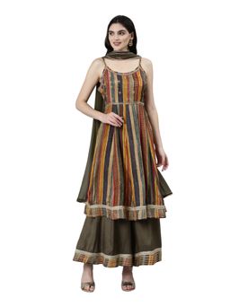 NEERU'S - Olive Regular Straight Chevron Kurta with Palazzo & Dupatta (Set of 3)
