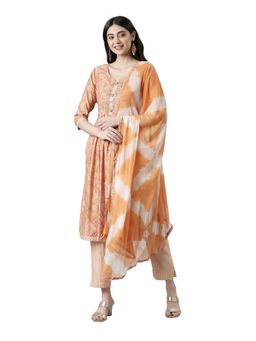 NEERU'S - Coral Pleated Straight Embroidered Kurta with Pant & Dupatta (Set of 3)