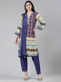 NEERU'S - Blue Regular Straight Chevron Kurta with Pant & Dupatta (Set of 3)