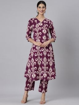 NEERU'S - Purple Casual Printed Curved Kurta with Pant (Set of 2)