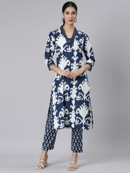 NEERU'S - Navy Blue Printed Straight Kurta with Pant (Set of 2)