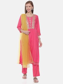 NEERU'S - Fushia Pink Muslin Fabric Kurta with Pant & Dupatta (Set of 3)