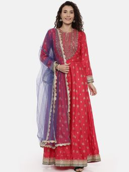 NEERU'S - Red Zari Anarkali Kurta with Pant & Dupatta (Set of 3)