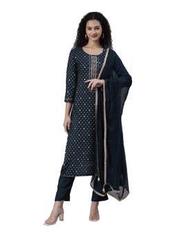 NEERU'S - Blue Regular Knee Length Printed Kurta with Pant & Dupatta (Set of 3)