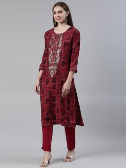 NEERU'S - Maroon Regular Knee Length Printed Kurta with Pant & Dupatta (Set of 3)