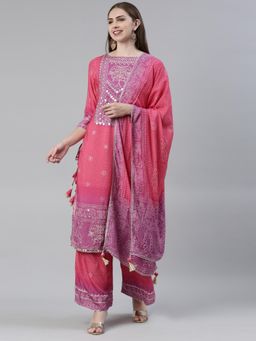 NEERU'S - Pink Regular Knee Length Printed Kurta with Palazzo & Dupatta (Set of 3)