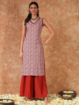 Meeranshi - Maroon Abstract Printed Sleeveless Kurta with Palazzo (Set of 2)
